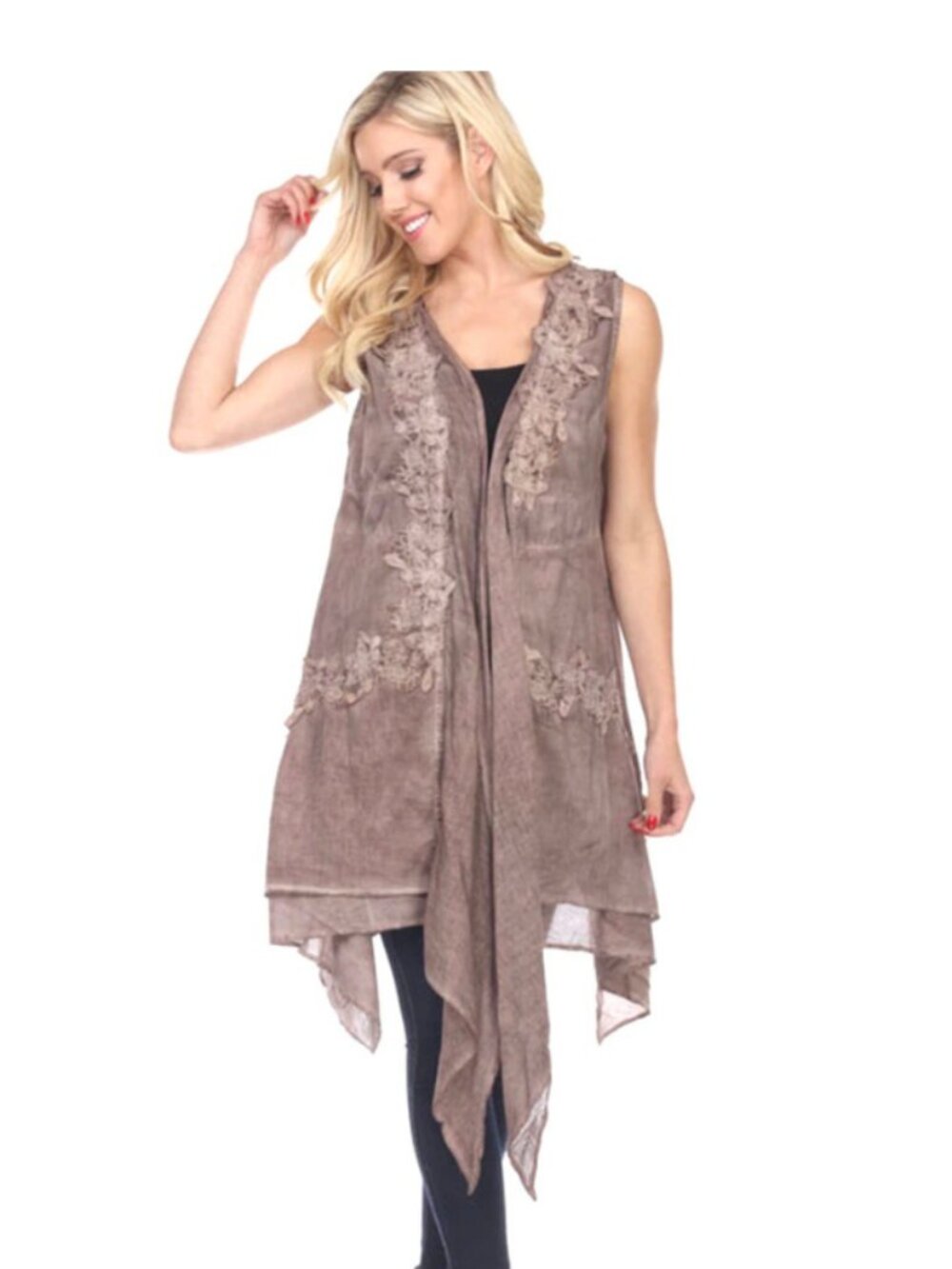 NWT PRETTY ANGEL Sylvanna Sleeveless Long Linen Vest With Crochet Detail Coffee